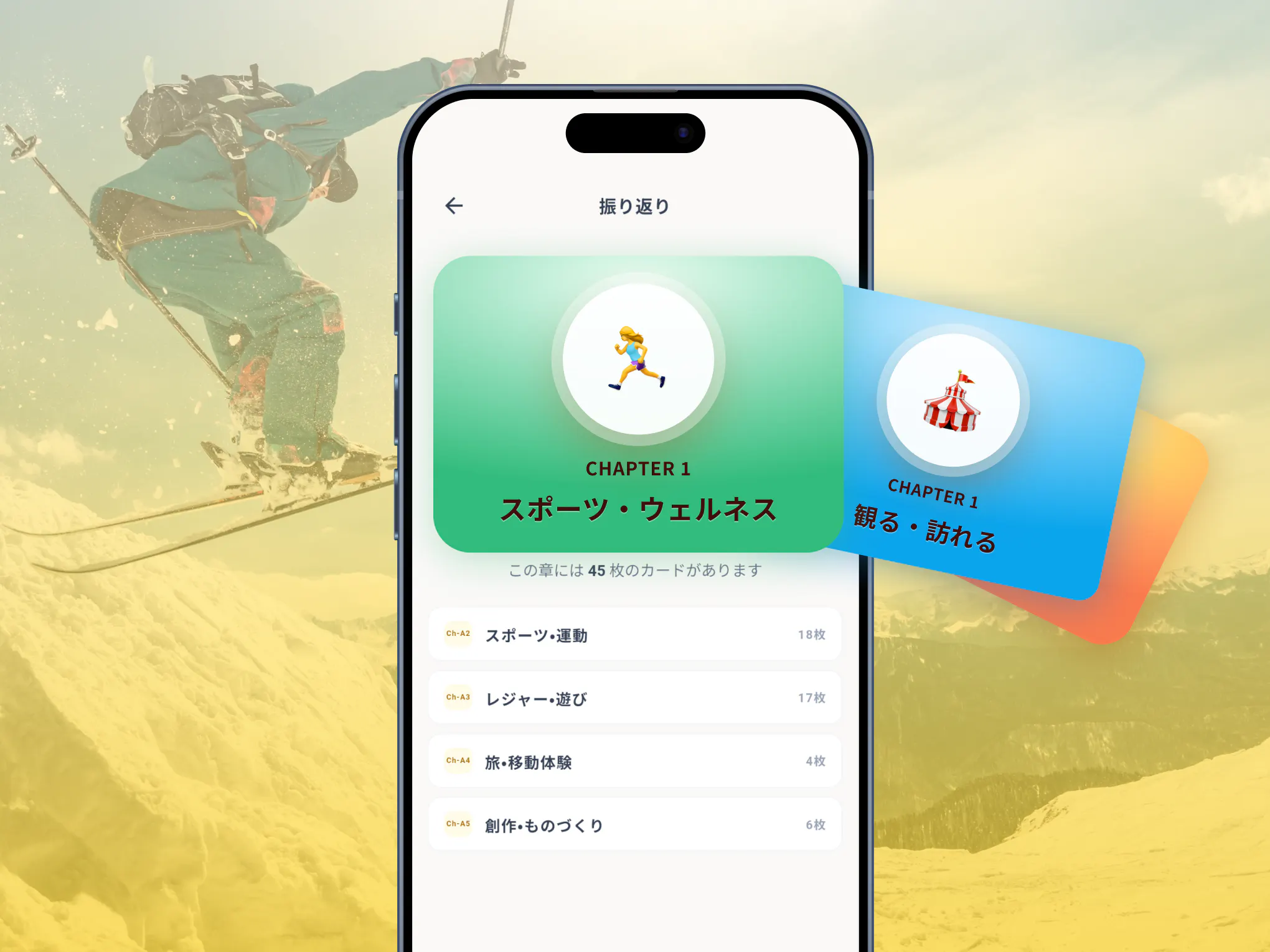 findestのスポーツ・ウェルネスなどのカードを振り返るスマートフォン画面