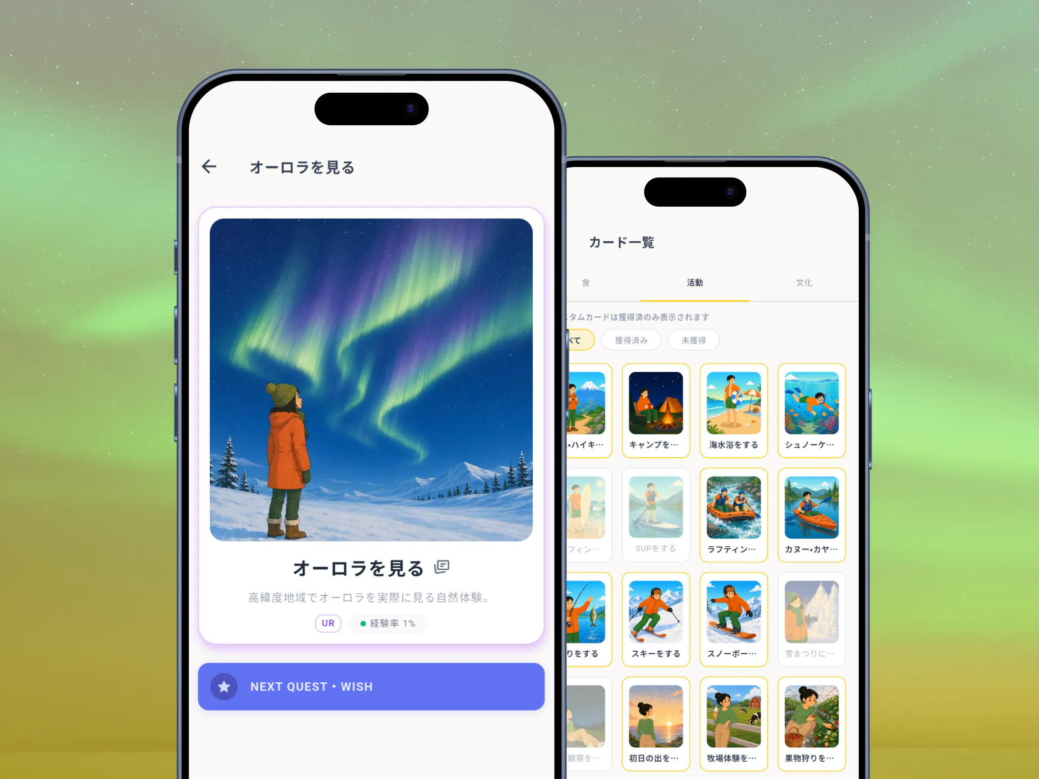 findestのオーロラのカードと、体験カード一覧の図鑑画面